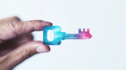 Close-up of a hand holding a colorful technology-inspired key against a white background. Concept of access, security, and innovation.