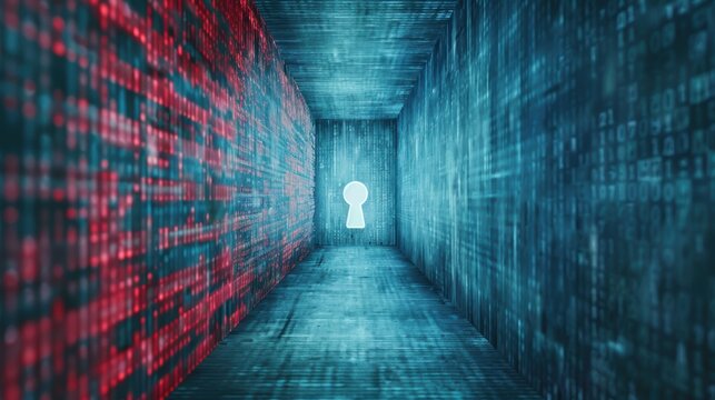 A futuristic digital corridor with binary code patterns and a glowing keyhole symbolizing cybersecurity, technology, and data protection.