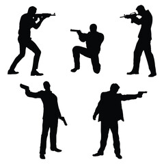 Naklejka premium Man Pointing Gun Vector Art Silhouette Set
