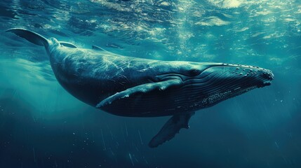 Naklejka premium A giant blue whale swimming in a deep beautiful blue ocean reef. Wildlife. Whale Day.