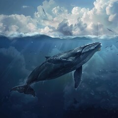 Fototapeta premium A giant blue whale swimming in a deep beautiful blue ocean reef. Wildlife. Whale Day.