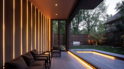 Screen wall with vertical panels that incorporate thin LED strips, illuminating an exterior space with subtle light