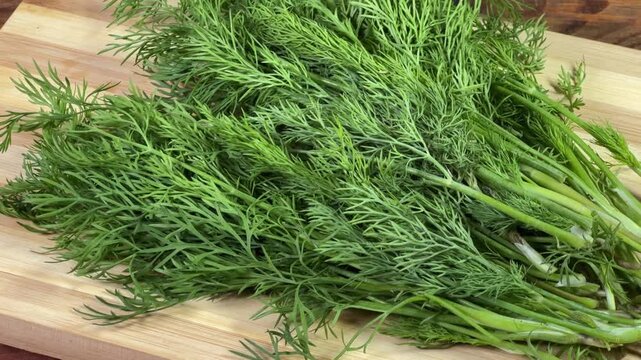 Fresh dill on cutting board on rustic table close-up
