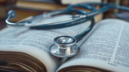 Close up of a stethoscope resting on an open book, symbolizing the connection between healthcare and education. For medical or healthcare contents.