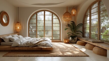 Zeninspired bedroom bright natural light minimalist decor natural materials and a calming color palette promoting relaxation and tranquility