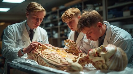 Medical students dissecting cadaver. Three medical students in lab coats and gloves dissect a cadaver in a medical lab, focusing on muscle structures.