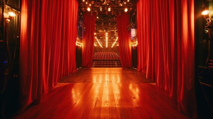 Backstage view of a theater with red curtains and wooden floor, illuminated with warm lights. Performance anticipation concept.