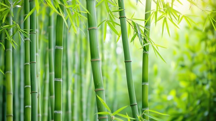 Beautiful green bamboo forest with sunlight filtering through leaves, creating a peaceful and natural atmosphere perfect for relaxation.