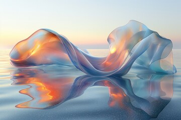 Translucent wave with gradient hues, reflecting a serene sunset over the ocean, dynamic and fluid