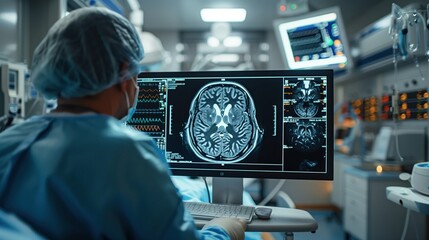 Surgeon analyzing brain scan in operating room. Surgeon in an operating room analyzes a brain scan on a monitor, focusing on neurological structures for surgical planning.