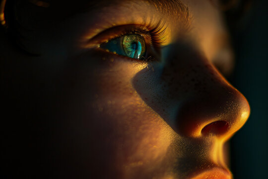 A face lit with the soft glow of nostalgia, eyes gazing into the distance