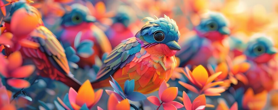Brightly colored, stylized birds - Powered by Adobe
