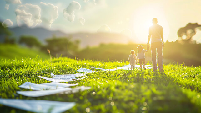 A family walking on a secure path formed by life insurance policy papers