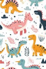 seamless pattern with different cute dinosaurs and twigs on a white background, For children postcards, textiles, covers, wallpapers, design, decor, wrapping paper, clothing