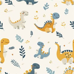 seamless pattern with different cute dinosaurs and twigs on a pastel background, For children postcards, textiles, covers, wallpapers, design, decor, wrapping paper, clothing