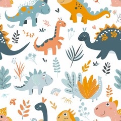 seamless pattern with different cute dinosaurs and twigs on a white background, For children postcards, textiles, covers, wallpapers, design, decor, wrapping paper, clothing