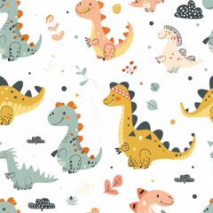 Obraz premium seamless pattern with different cute dinosaurs and twigs on a white background, For children postcards, textiles, covers, wallpapers, design, decor, wrapping paper, clothing