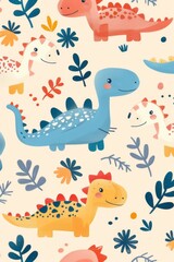 Obraz premium seamless pattern with different cute dinosaurs and twigs on a beige background, For children postcards, textiles, covers, wallpapers, design, decor, wrapping paper, clothing