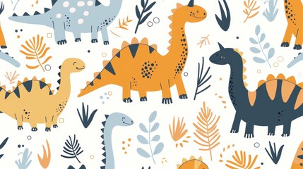 seamless pattern with different cute dinosaurs and twigs on a white background, For children postcards, textiles, covers, wallpapers, design, decor, wrapping paper, clothing