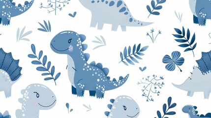 Obraz premium seamless pattern with different light blue cute dinosaurs and twigs on a white background, For children postcards, textiles, covers, wallpapers, design, decor, wrapping paper, clothing