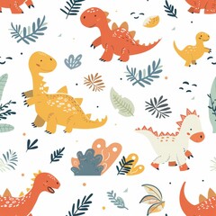 seamless pattern with different cute dinosaurs and twigs on a white background, For children postcards, textiles, covers, wallpapers, design, decor, wrapping paper, clothing