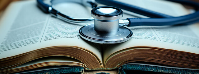 Close up of a stethoscope placed on an open book symbolizing knowledge in the medical field. For medical training and healthcare education contents.