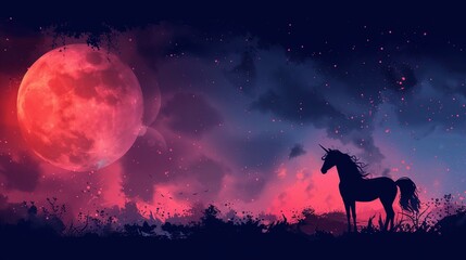 Unicorn silhouette against night sky and red moon, illustration
