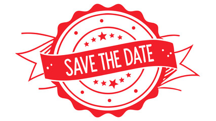 Red "SAVE THE DATE" stamp, star border, white background