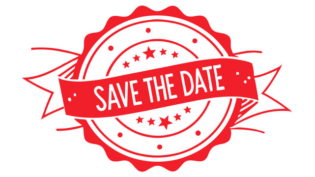 Red "SAVE THE DATE" stamp, star border, white background