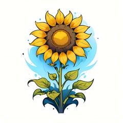 Fototapeta premium A vibrant illustration of a sunflower with detailed petals and leaves, set against a bright blue background. Ideal for botanical themes, nature-inspired projects, and creative design.