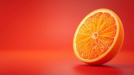 Fototapeta premium A single slice of orange on a red background.