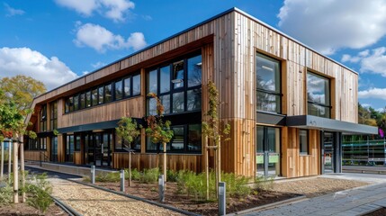 eco-conscious building with a wood-panelled exterior and sustainable features