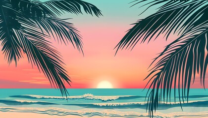 Sunset Reflection on Tropical Beach with Palm Trees