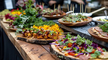 A showcase of plant-based culinary creations at a food festival, highlighting vegan cuisine
