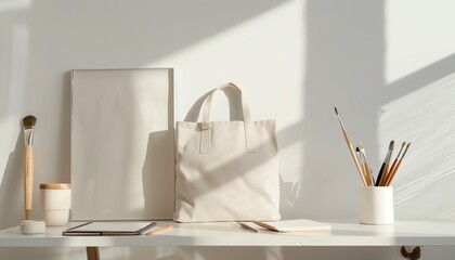 A stylish tote bag sits on a desk next to a blank frame, a cup, and a pencil