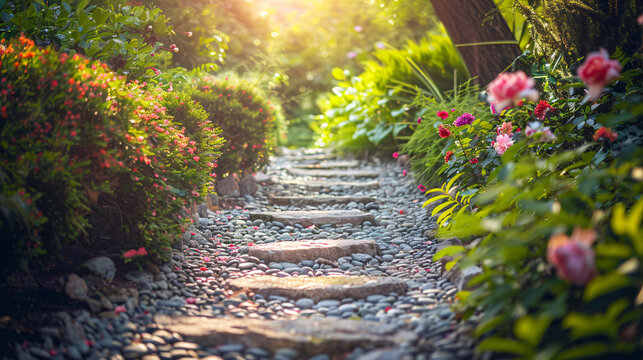 A serene garden path leading to a secure future, metaphor for life insurance planning