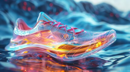 Futuristic transparent sneaker with glowing accents on abstract background. Vibrant, modern athletic footwear design concept.