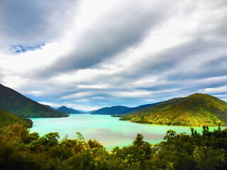 Sea fjord and mountains in  New Zealand