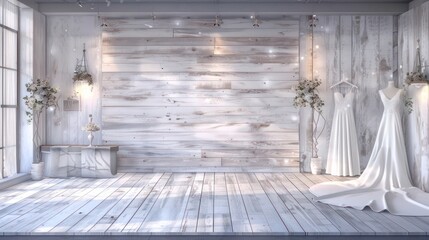 Obraz premium elegant bridal boutique with a backdrop of white-washed wood panels, providing a soft and romantic setting for wedding gown displays
