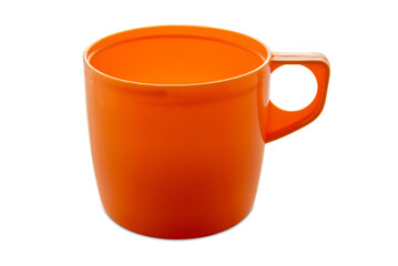 Orange-colored plastic mug isolated