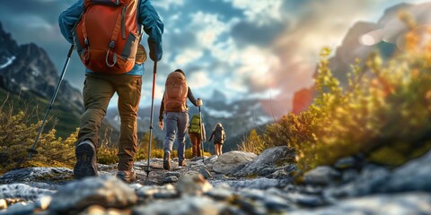 A group of friends hiking in the mountains, wearing backpacks and carrying walking sticks. The background is a mountain landscape with rstunning scenery. Adventure travel and outdoor concept.