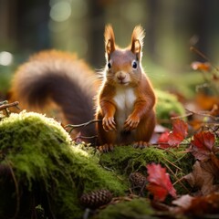 Obraz premium Red squirrel in a autumn forest