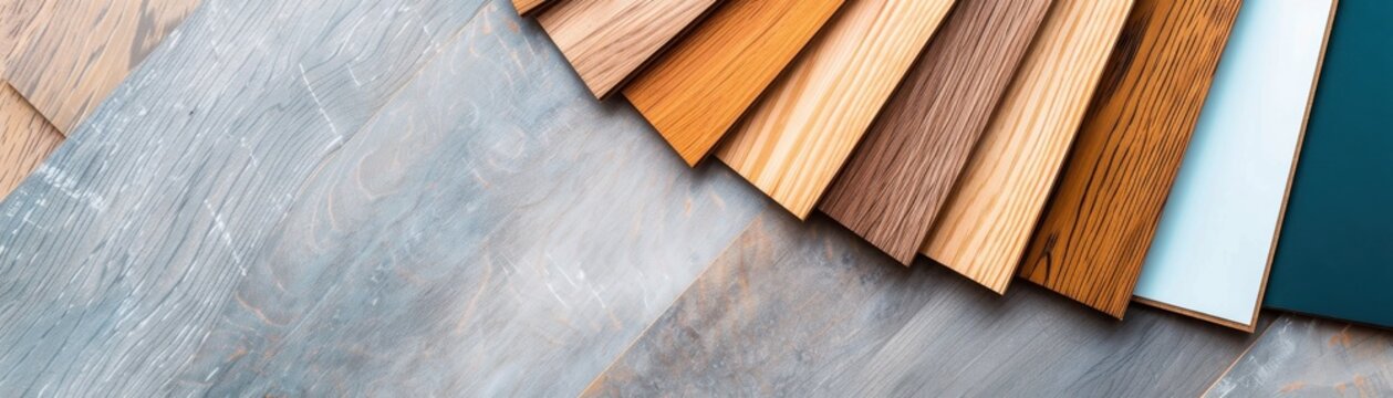 Assorted wood and laminate flooring samples arranged on a gray surface, showcasing various textures and colors for interior design choices.