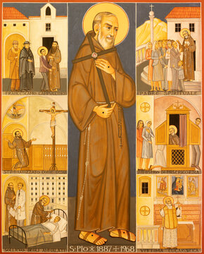 SPELLO, ITALY - MAY 18, 2024: The icon of St. Pater Pio in the church Chiesa di San Severino by unknown aritst.