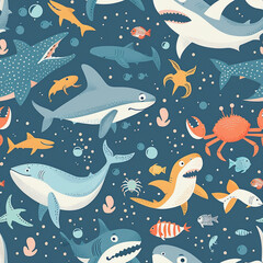 Obraz premium Underwater theme seamless pattern featuring crabs, sharks, and fish