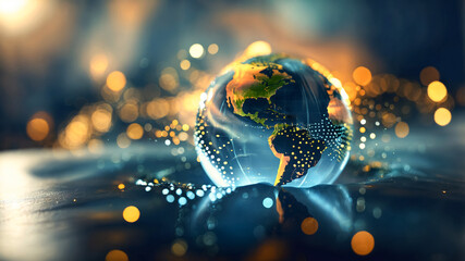 transparent earth globe model on water surface. Water World