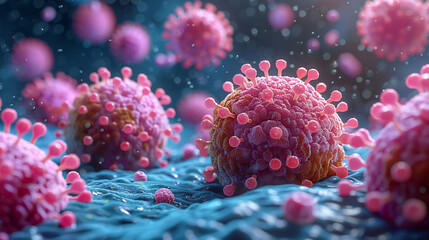 Microscopic macro closeup view of floating influenza virus cells concept illustration