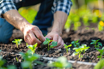 man gardener carefully planting a tomato seedling in summer soil