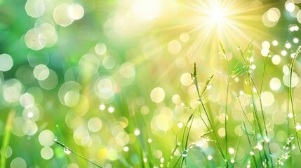 Obraz premium Close-up of dewy green grass under morning sunlight with a dreamy bokeh effect, creating a vibrant and fresh natural scene.