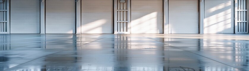 Obraz premium A spacious, modern industrial warehouse interior with polished concrete floor and large windows allowing natural light. Ideal for storage and logistics.
